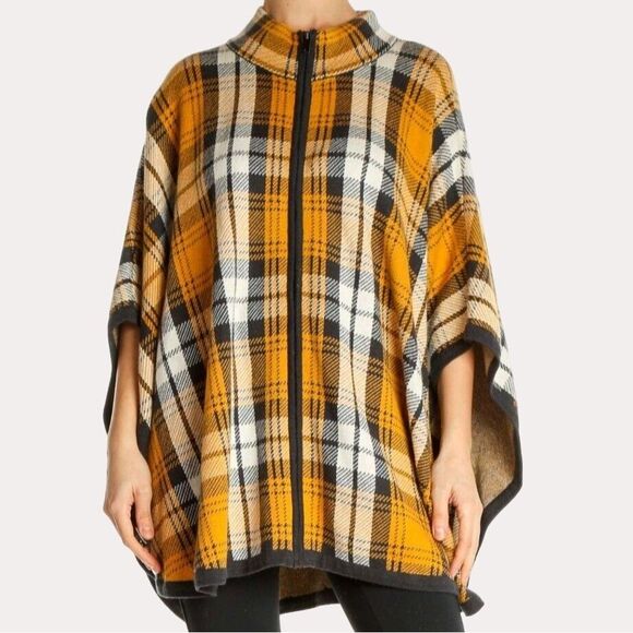 Jones New York Signature Dolman Sleeve Jacket Poncho Plaid Gold S M - Picture 1 of 11